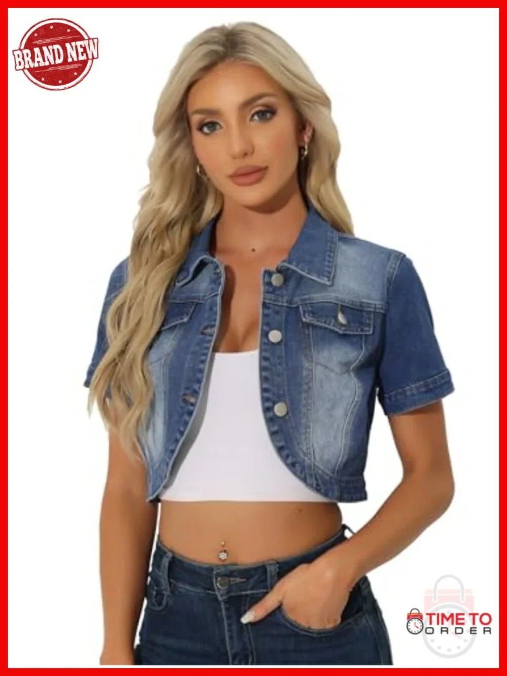 Short Sleeve Crop Denim Jacket Turndown Collar Casual
